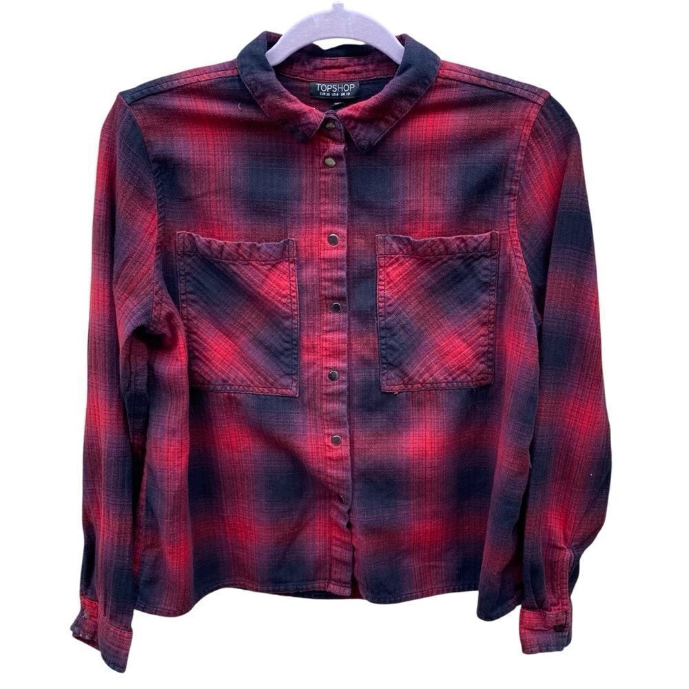 Topshop Red/Black Flannel Plaid Snap Button Long Sleeve Top 6 EUC! Western Boho
